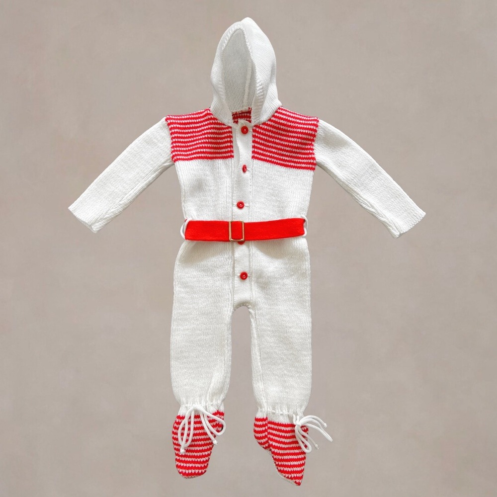 Vintage 1970s Baby Knit Ski Suit 6-9M Red White Hooded Footed Snowsuit Romper